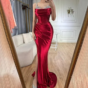 Glossy satin evening dress in natural lighting