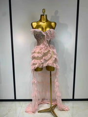 Shannon Sexy Strapless Pink Diamonds Ruffled Mesh See Through Birthday Dress