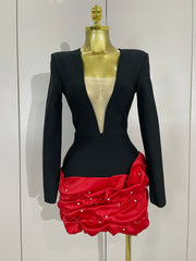 Sexy black and red mesh long sleeve bandage mini dress – women’s bodycon evening birthday party gown