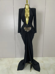 Deep V neck long sleeve bodycon maxi dress in a sleek, elegant style for evening and cocktail events