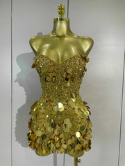 Cordelia Sparkly Gold Rhinestones Sequins Mini Dress