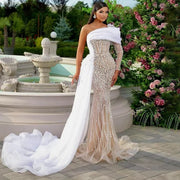 One shoulder white nude pearl beaded gown