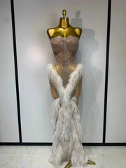 Lisa Strapless Sparkly Diamonds Tassel Mesh See Through Dress