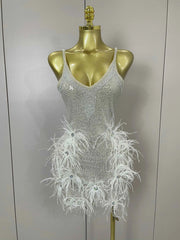 Simone Sparkling Diamond Feather Halter Sequin Mini Dress