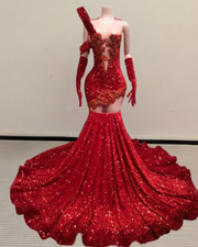 shiny sequin mermaid prom dress with a fitted silhouette and flared hem