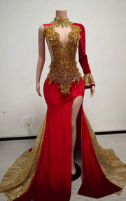 Elegant Red With Gold Crystal Rhinestones Train Prom Dress with High-Neck Choker