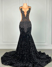 Black Rhinestones Luxury Beaded Sexy Mermaid Sequin Prom Dress