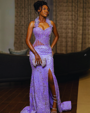 2025 Glitter Luxury See Through Corset Sexy Split Lilac Purple Diamond Prom Dress