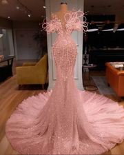 Shiny pearls beaded sequin prom dress elegant sparkly gown for women.