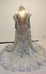 Ethereal Silver Crystal Mermaid Gown with Halter Bodice and Detachable Hooded Cape