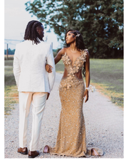 Exquisite gold sequined prom dress for women, elegant evening gown.
