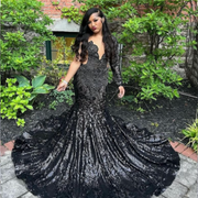 2025 Black Sparkly Mermaid Luxury Diamond Applique Prom Dress