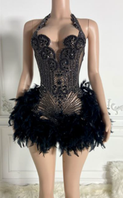 Mini birthday dress with glitter crystals and feathered details for parties and celebrations.