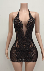 Halter birthday cocktail dress with rhinestones, beads, and crystal embellishments for parties and celebrations.