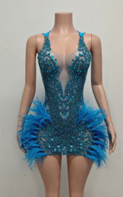 Blue mini birthday dress with rhinestones and feather details for parties and celebrations.