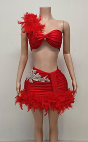 Strapless rhinestone two-piece dress with feather high-waist skirt for birthday and party wear.
