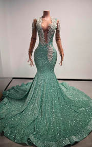 Amanda Mint Green Sequin Beaded Rhinestone Long Prom Dress - Ready to Ship