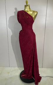 Vintage Red Lace One Shoulder Bodycon Long Dress