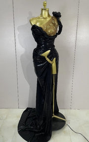 Sparkly Rhinestone One Shoulder High Split Maxi Evening Dress