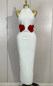 Kelly Backless White Bodycon Long Bandage Dress With Red Flower