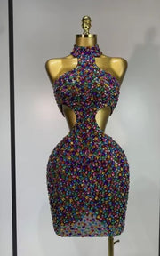 Ellie Colorful Rhinestone Sheer Mesh Bodycon Stage Performance Dress