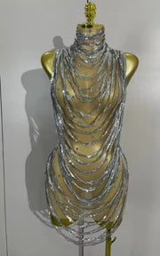 Marie Sparkly Silver Rhinestone Chain Mesh Sheer Mini Dress