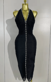 Samia black halter V neck backless diamond bandage gown for women. Elegant party dress for weddings, cocktails, and evening events.