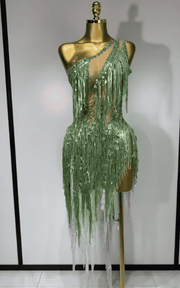 Katie Sparkly Green Rhinestone Tassel One Shoulder Sheer Dress