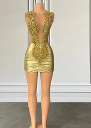 Sexy Mesh Crystal Beaded Satin Luxury Gold Cocktail Birthday Dress