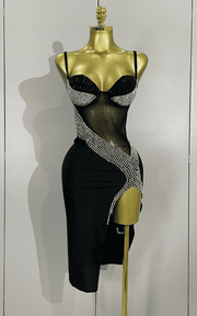 Sparkly Rhinestone Mesh Bodycon Evening Party Dress With Sheer Illusion Fabric