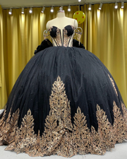 Black quinceañera dress with gold sequin appliqués, fitted bodice, and full princess skirt.