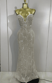 Amber Luxury Beaded Sequin Pearl Strapless Mesh Long Dress