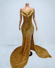 Gold 3D flower applique prom dress with high split – elegant long gown for women.