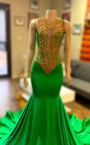 Red carpet ready gold crystal evening dress with dramatic train