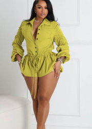 Ruched Lapel Cargo Drawstring Rompers