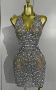 Akisha Sparkly Rhinestone Backless Sheer Mesh Bodycon Mini Dress