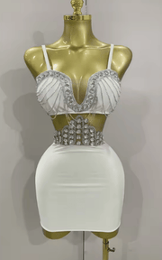 Glenda Luxury White Diamond Chain Sleeveless Bodycon Mini Dress