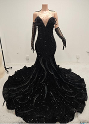 Ashanti Sexy Beaded Black Prom Dress with Gloves-Ready to Ship