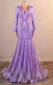 Luxury prom gown featuring long sleeves and intricate silver embellishment