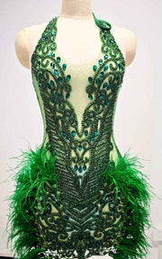 Luxury Beaded Halter Mini Dress With Ostrich Feather Trim Cocktail Party Dress