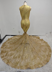 Genevieve Gold Crystal Mesh See-Through Long Evening Gown-Ready to Ship