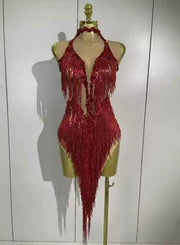 Alyson sexy Latin dance sheer mesh dress with sequins and fringe
