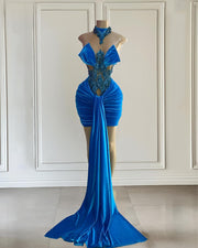 Sexy Blue High Neck Birthday Dress