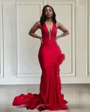 Sexy Red Feathers Halter Backless Mermaid Party Gowns Split Evening Dress Vestidos De Graduación
