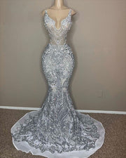 Crystal Beading Spaghetti Sequined Lace Prom Dress