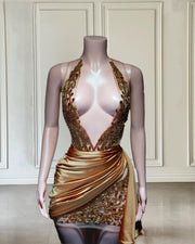 Mannequin Wearing a Gold Rhinestone Beading Halter Birthday Dress with Sparkling Embellishments and Sleek Silhouette, Styled for Glamorous Celebrations