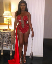Sheer Neck Red Applique Birthday Dress