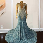 Light Blue Sequin Rhinestone Mermaid Prom Dress