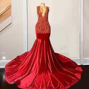 Long Red Mermaid Sheer Top Luxury Sparkly Diamond Prom Dress