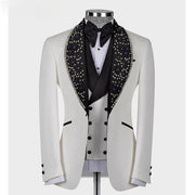 Men's White and Black and Blue Beaded Suit (Jacket + Pants + Vest )